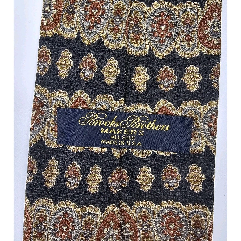 Brooks Brothers Makers Tie All‎ Silk Black Gold Tan Geometric Pattern USA - Picture 4 of 4